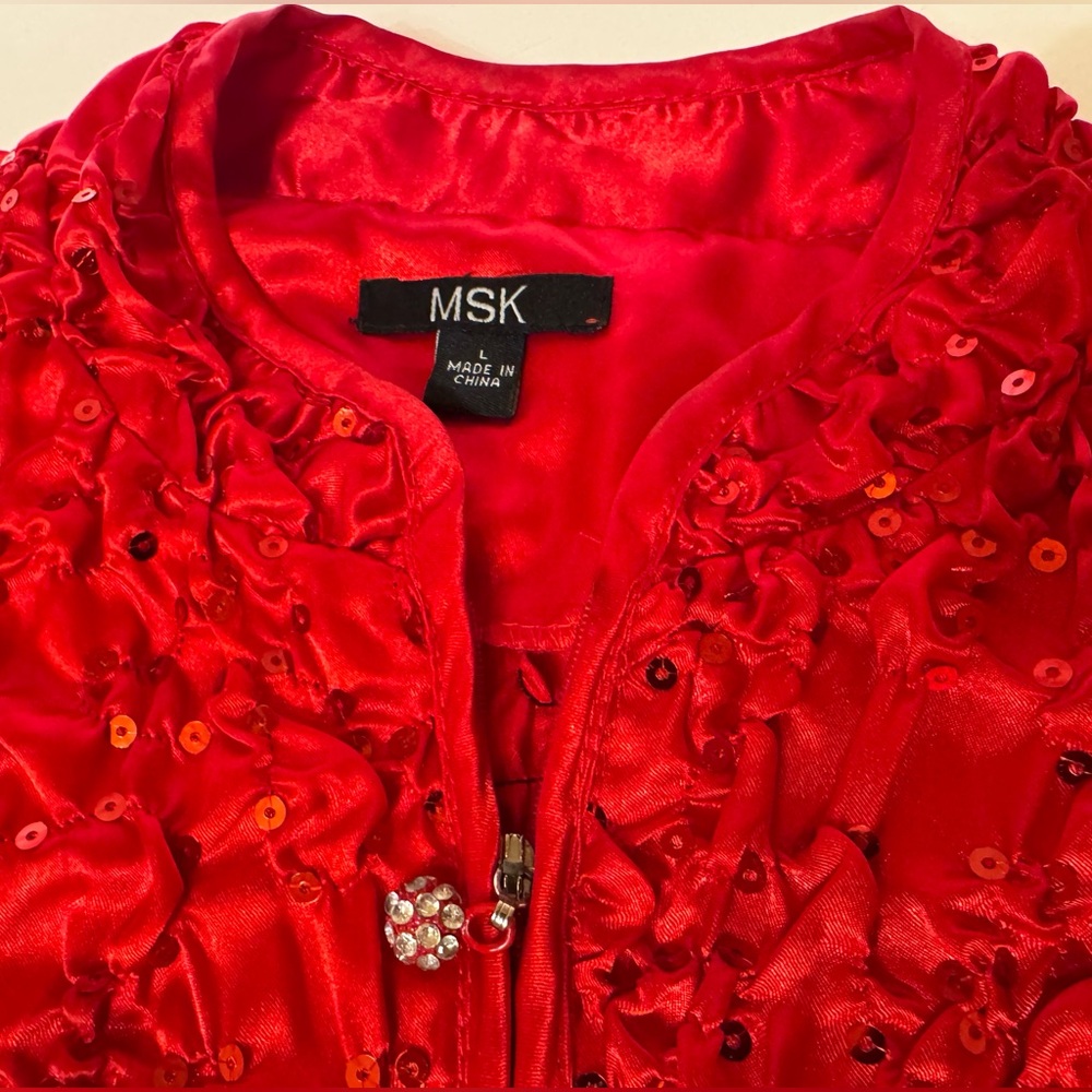 MSK Vibrant Red Sequin Ruched Zipper Front Jacket Size L GUC